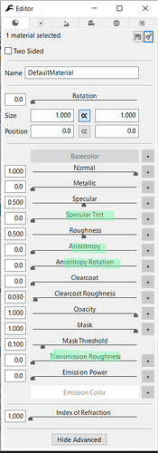 FluidRay matrials properties